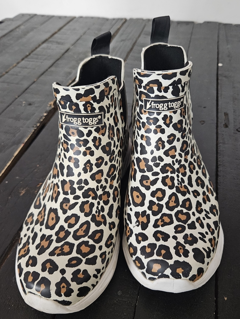frogg toggs Leopard Print Rain Ankle Boots Women's 6 Black White Tan Pull On